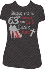 Load image into Gallery viewer, Stepping into my 63rd Birthday with God&#39;s Grace and Mercy Rhinestone Birthday Shirt
